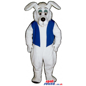 All White Rabbit Plush Mascot Wearing A Blue Vest - Custom