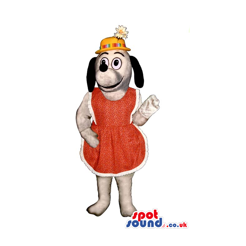 Cute White Dog Plush Mascot Wearing A Red Apron And Flower Hat