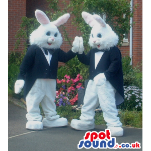 Two white rabbit mascot wearing black tuxedo with black bow tie