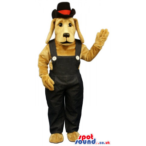 Beige Dog Plush Mascot Wearing Black Overalls And A Hat -