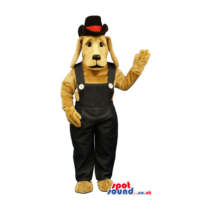 Beige Dog Plush Mascot Wearing Black Overalls And A Hat -