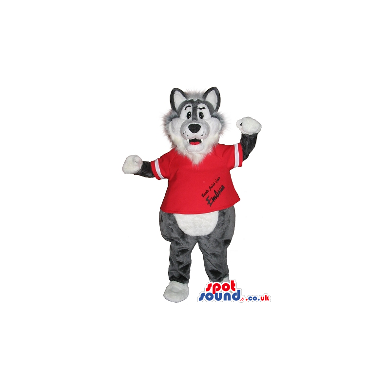 Grey Wolf Plush Mascot Wearing A Red Sports Shirt With Text -