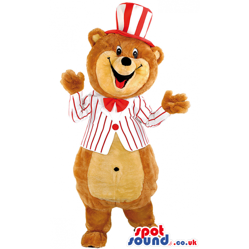 Bear mascot wearing matching white suit and hat with red