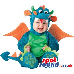 Cute Blue And Green Dragon Baby Size Costume With Orange Wings