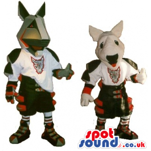 Two Cosmic Dog Plush Mascots Wearing Sports Clothes With Logo -