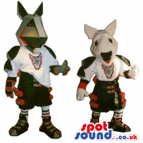 Two Cosmic Dog Plush Mascots Wearing Sports Clothes With Logo -