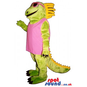 Green Lady Dinosaur Plush Mascot With A Pink Dress And
