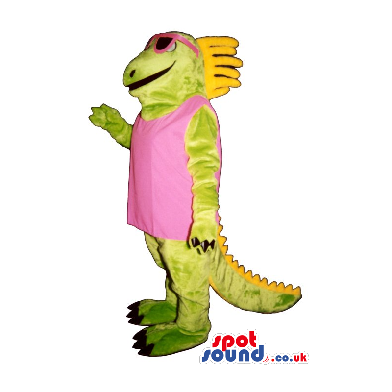 Green Lady Dinosaur Plush Mascot With A Pink Dress And