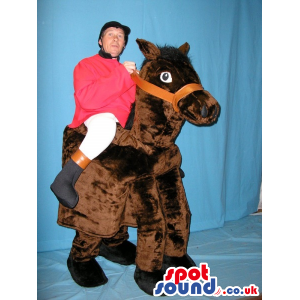 Two-In-One Human Horse-Rider Walker Mascot On Brown Horse -