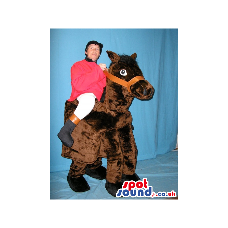 Two-In-One Human Horse-Rider Walker Mascot On Brown Horse -