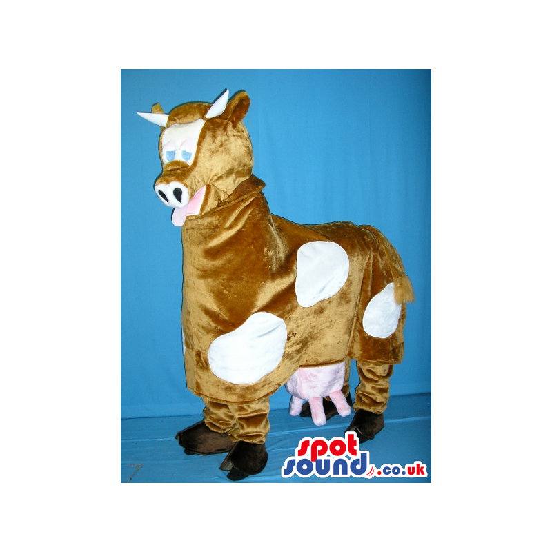 Funny Brown And White Cow Plush Mascot On All-Fours - Custom