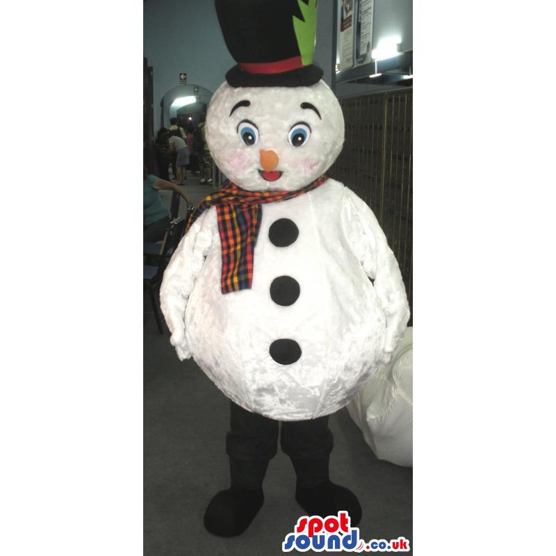 Snow man mascot with a yellow nose and a check muffler - Custom