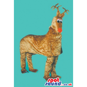 Brown Reindeer Mascot On All-Fours With A Red Nose - Custom
