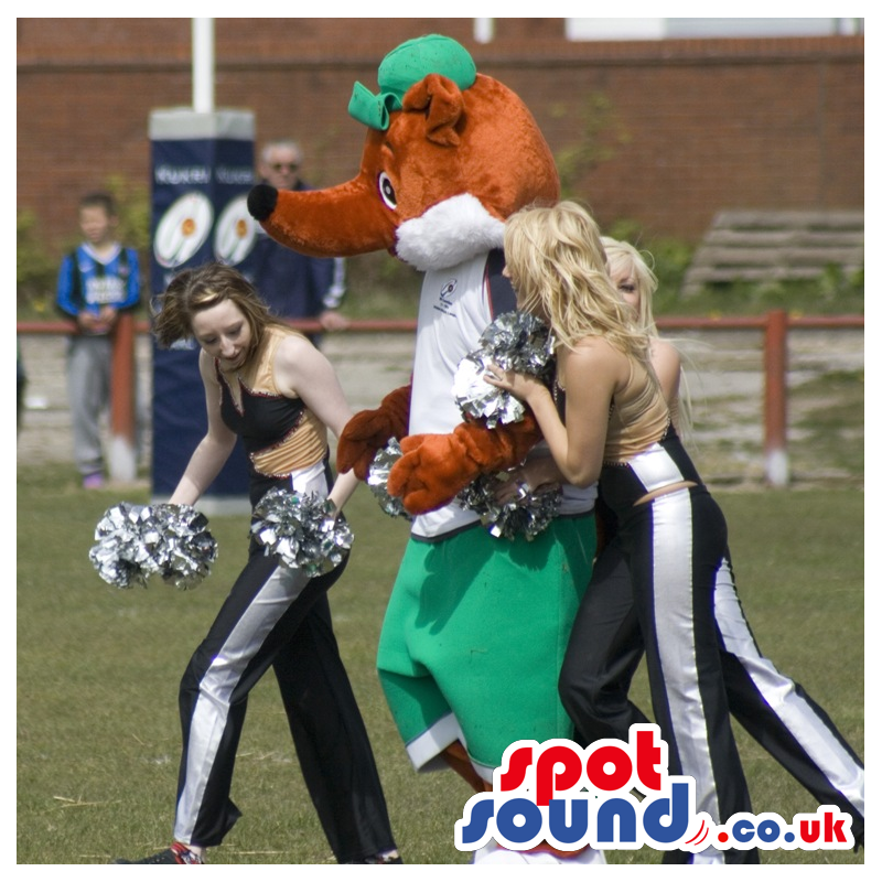 Fox mascot with long pointy nose wearing green and white