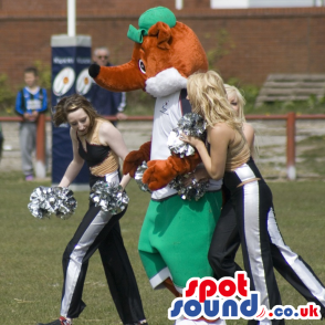 Fox mascot with long pointy nose wearing green and white