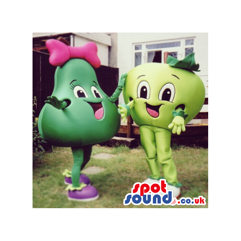 Two Fruit Couple Mascots With Happy Faces: An Apple And A Pear.
