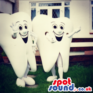 Two White Teeth Mascots With Happy Faces And Smiles - Custom