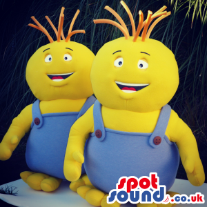 Two Yellow Mascots With Happy Faces Wearing Overalls. - Custom