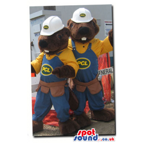 Two Chipmunk Plush Mascots Wearing Overalls And Helmets -