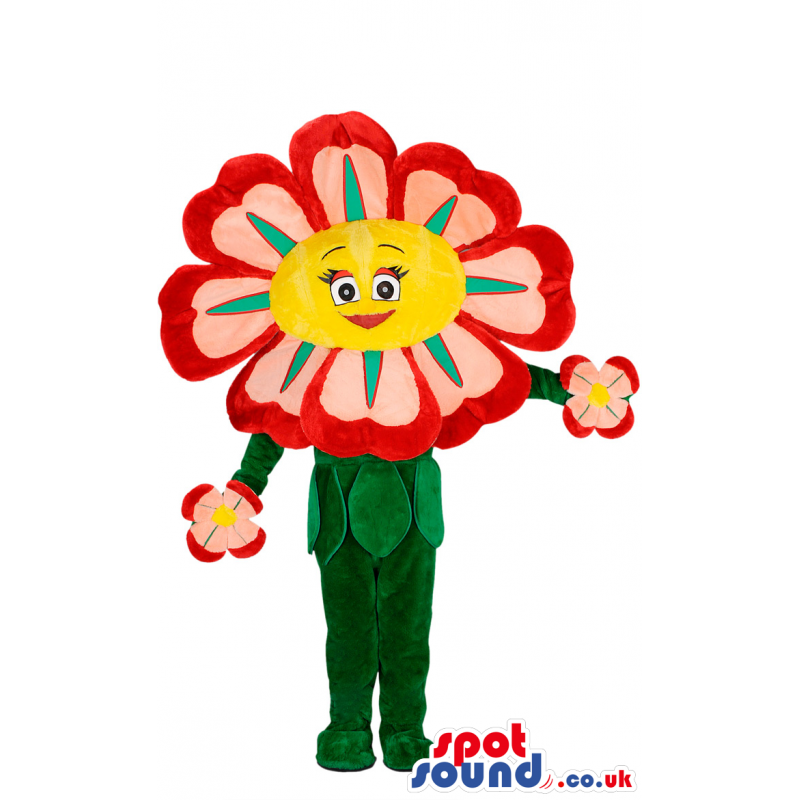 Rose and red flower mascot with yellow disc face and green stem