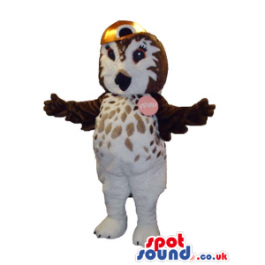 Cute Brown And White Owl Plush Mascot Wearing A Cap And A Badge