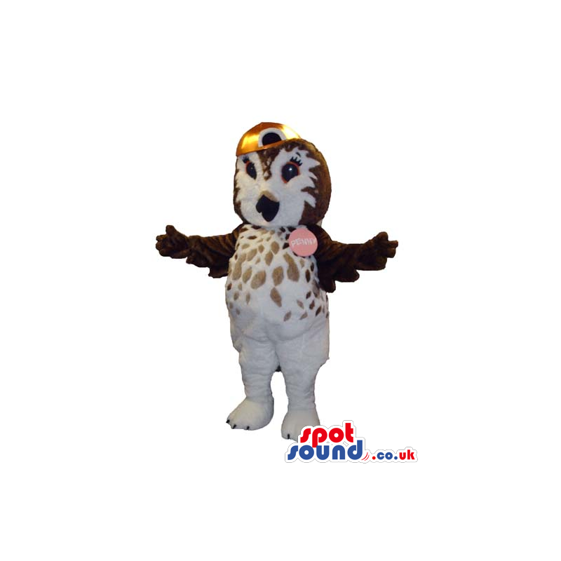Cute Brown And White Owl Plush Mascot Wearing A Cap And A Badge