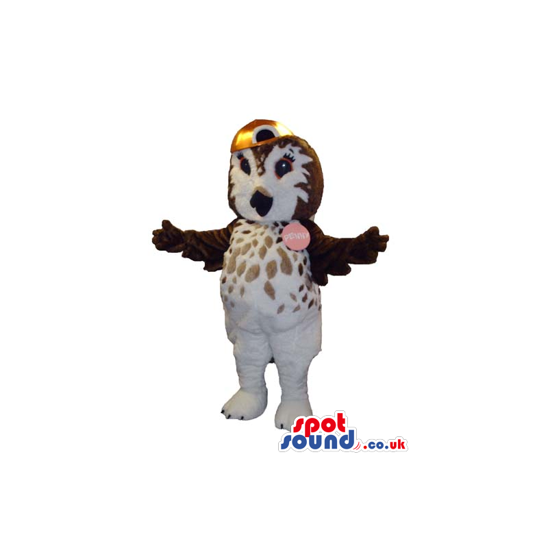 Cute Brown And White Owl Plush Mascot Wearing A Cap And A Badge Cute Brown And White Owl Plush Mascot Wearing A Cap And A Badge