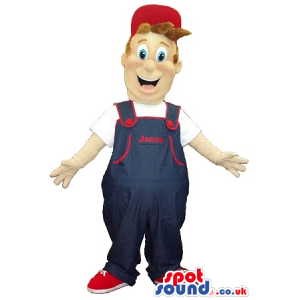 Happy Boy Plush Mascot Wearing Blue And Red Overalls And Cap -