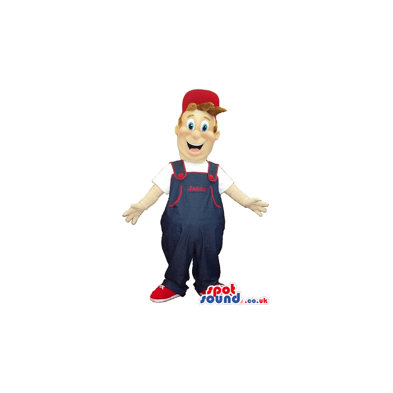 Happy Boy Plush Mascot Wearing Blue And Red Overalls And Cap -