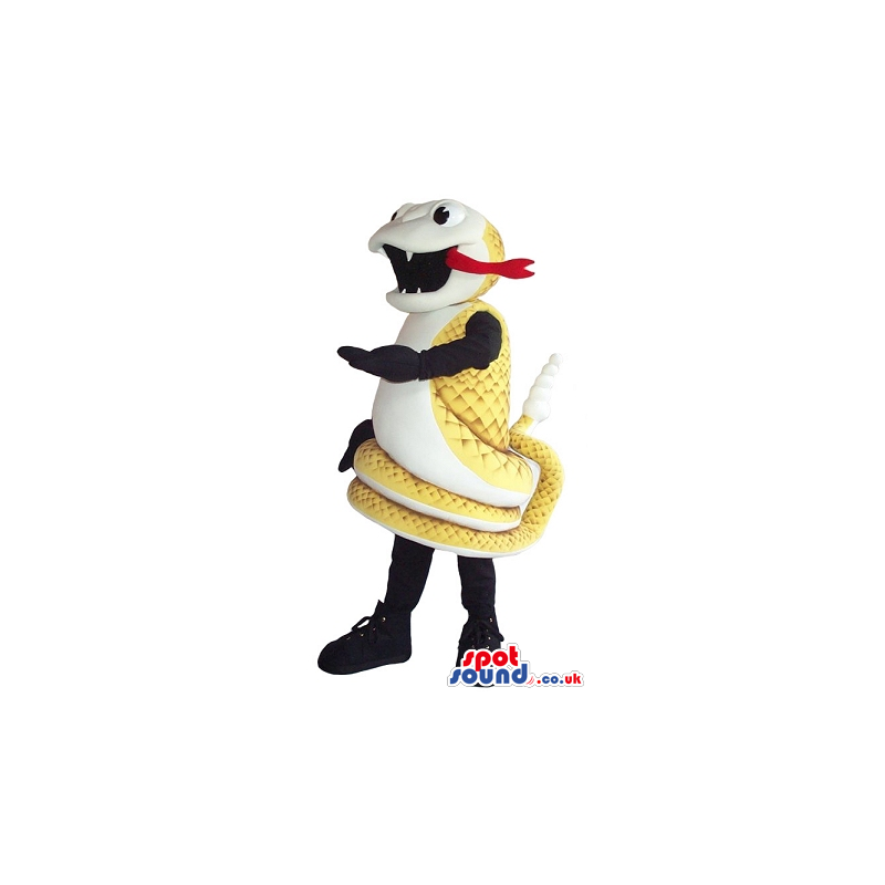 Yellow And White Wrapped Snake Mascot With Long Red Tongue -