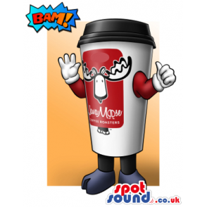 Big Coffee Cup Mascot Drawing With Logos And Text - Custom