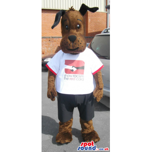 Cute Brown Dog Plush Mascot Wearing A White T-Shirt With Logo -