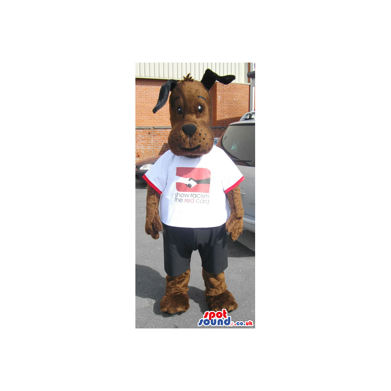 Cute Brown Dog Plush Mascot Wearing A White T-Shirt With Logo -