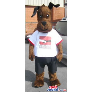 Cute Brown Dog Plush Mascot Wearing A White T-Shirt With Logo -