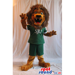 Cute Brown Lion Plush Mascot Wearing A Green T-Shirt With A