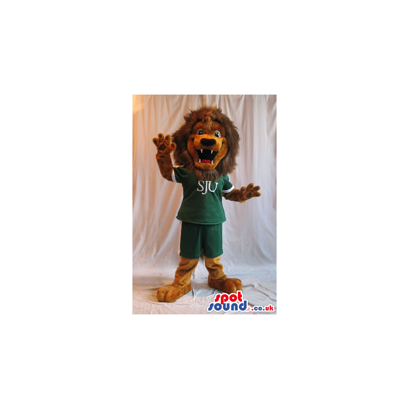 Cute Brown Lion Plush Mascot Wearing A Green T-Shirt With A