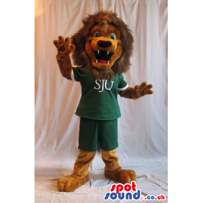 Cute Brown Lion Plush Mascot Wearing A Green T-Shirt With A