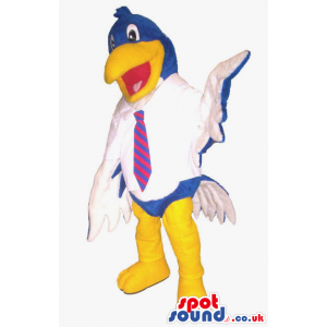 White And Blue Cartoon Bird Plush Mascot Wearing A Tie - Custom