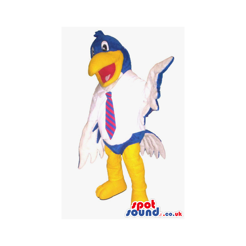 White And Blue Cartoon Bird Plush Mascot Wearing A Tie - Custom