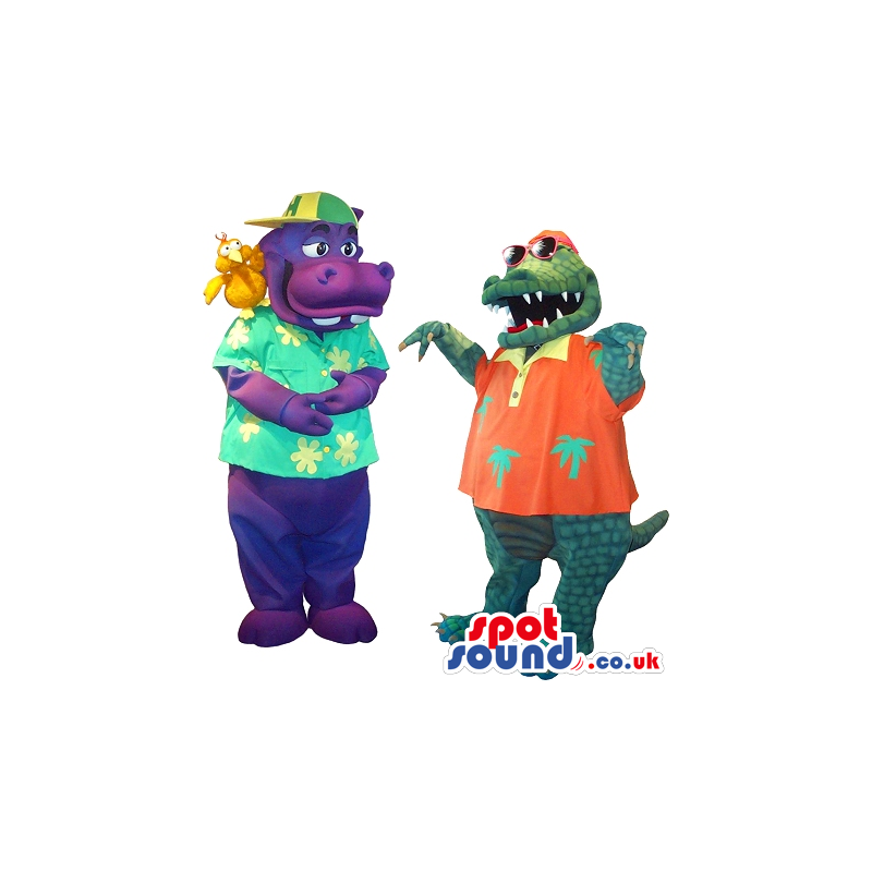 Two Purple And Green Dragon Plush Mascots Wearing Summer