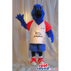 Blue Bird Plush Mascot Wearing A Sports T-Shirt With A Logo -