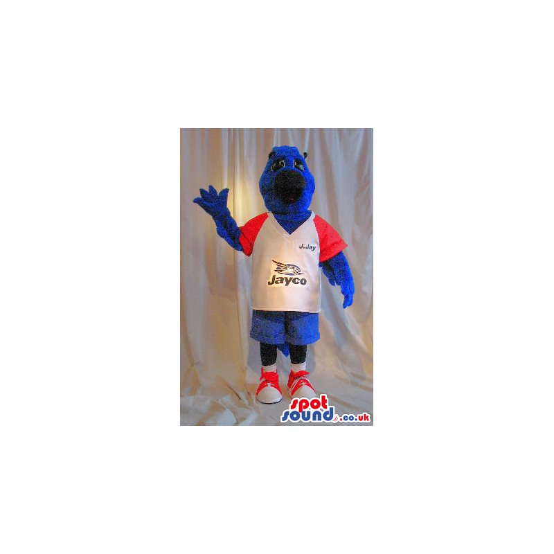 Blue Bird Plush Mascot Wearing A Sports T-Shirt With A Logo -
