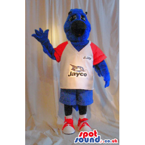 Blue Bird Plush Mascot Wearing A Sports T-Shirt With A Logo -