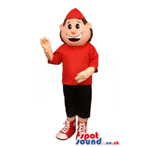 Happy Boy Plush Mascot Wearing A Red T-Shirt And Cap - Custom