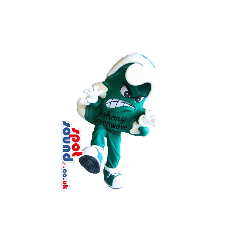 Cartoon Angry Green And White Ocean Wave Mascot With Text -
