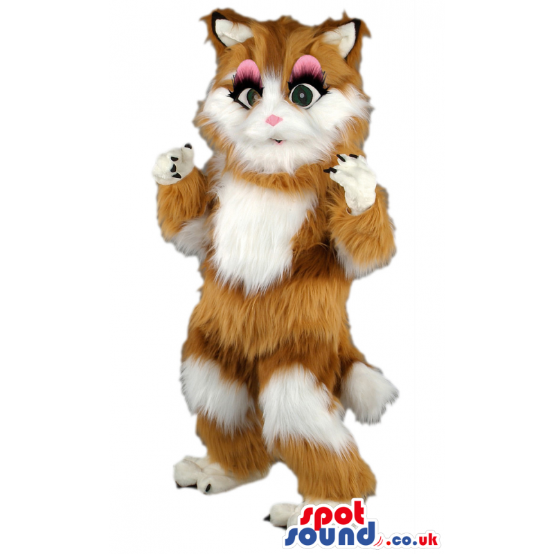 Brown and white fluffy cat mascot with claws and pink eye lids