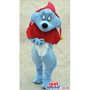 Cute Cartoon Tale Blue Dog Plush Mascot With A Red Hood -