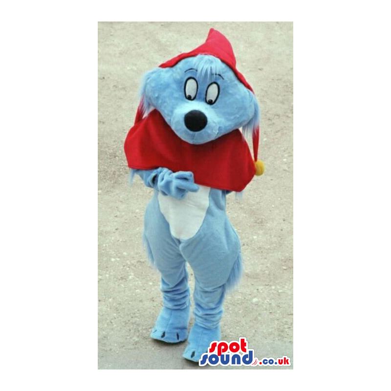 Cute Cartoon Tale Blue Dog Plush Mascot With A Red Hood -