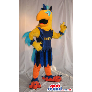 Yellow And Blue Eagle Bird Plush Mascot In Medieval Clothes -