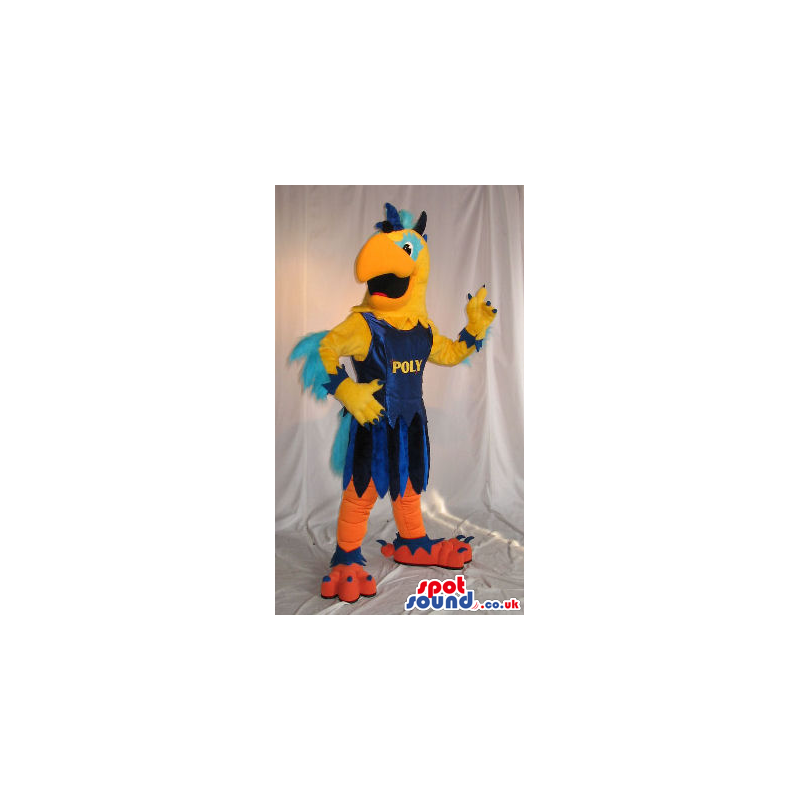 Yellow And Blue Eagle Bird Plush Mascot In Medieval Clothes -